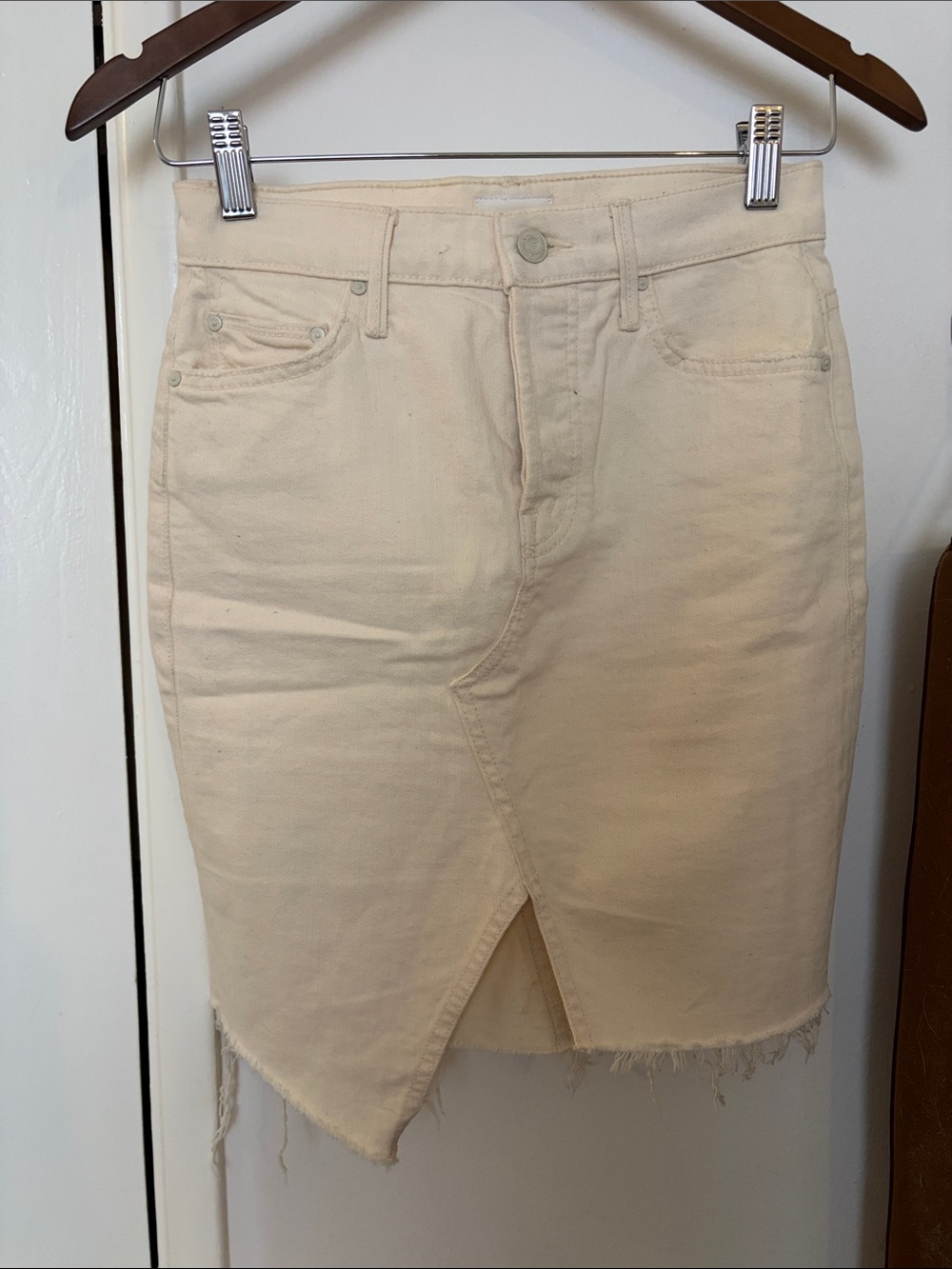 MOTHER Cream Asymmetrical Denim Skirt with Front V-Slit